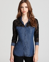 Two tones means twice the style with this GUESS Lacie shirt. Lace panels adorn the top and sleeves, while denim anchors this mixed media masterpiece.