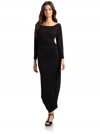 THE LOOKBateau necklineThree-quarter length sleevesSide ruchingSide slitMaxi lengthTHE FITAbout 60 from shoulder to hemTHE MATERIALModal/spandexCARE & ORIGINDry cleanMade in USAModel shown is 5'9½ (176cm) wearing US size Small. 