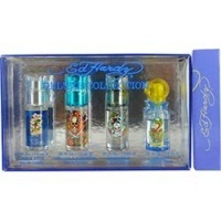 VARIETY 4 PIECE MINI SET WITH ED HARDY LOVE & LUCK & ED HARDY HEARTS & DAGGERS & ED HARDY BORN WILD & ED HARDY VILLAIN & ALL ARE EDT SPRAY .25 OZ MEN