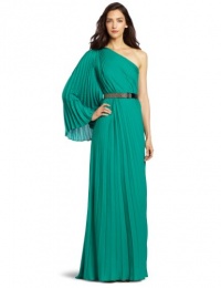 HALSTON HERITAGE Women's One Sleeve Pleated Gown with Beading, Emerald, 4