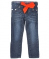 GUESS Kids Girls Little Girl Foxy Skinny Jeans with Bow, DARK STONEWASH (3T)