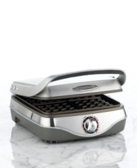 Breakfast makes a comeback with fluffy, golden brown waffles. This sleek Calphalon waffle maker will cook four irresistible Belgian waffles at once, each with plenty of deep pockets to catch sweet syrup and fresh fruit toppings. One-year limited warranty. Model HE400WM.