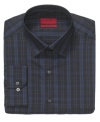 A casual look cleans up. Precision tailoring instantly elevates this fitted plaid shirt from Alfani.