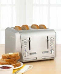 Able to keep pace with even the most voracious appetites, this sleek, modern toaster features dual controls for custom toasting. Shining in brilliant stainless steel with die-cast knobs, buttons and levers, you'll enjoy the convenience of four extra-wide and long slots that self-adjust to grip and center bread, bagel and more for precise toasting to your exact specifications. One-year limited warranty.