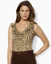 A feminine ruffled-neckline top is modernized with a sultry animal-print pattern.