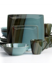 Reactive glaze intensifies blue-green and clay-colored streaks on hard-wearing stoneware for dinnerware that's dramatic yet down to earth. In simple round and square forms for a set with both modern and classic appeal.