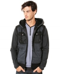 Set yourself apart from the rest in this vest with sherpa lined hood by Marc Ecko Cut & Sew.