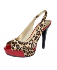 Bright and sexy with a perfect print. G by Guess's Cabelle peep-toe pumps feature a crimson covered platform that sets off the leopard print just perfectly.