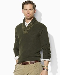 Crisp woven insets at the shawl collar lend a hint of rugged appeal to a timeless sweater in ribbed-knit cotton.