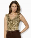 Lauren by Ralph Lauren's feminine ruffled neckline petite top is modernized with a sultry animal-print pattern.