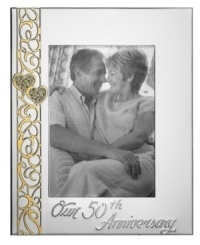 Golden anniversary. Look back on a beautiful life together with this Best Wishes picture frame, featuring silver plate embellished with goldtone hearts and Our 50th Anniversary. A thoughtful gift, from Lenox.