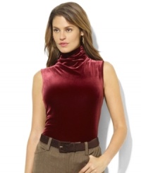 Lauren Ralph Lauren's polished turtleneck is rendered in soft stretch velvet with a sleeveless silhouette and crest-embossed buttons at the back for timeless sophistication and comfort.