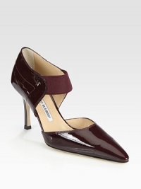 Patent leather point toe pump has a low-cut front, skinny heel and an elastic Mary Jane strap for a tailored fit. Self-covered heel, 3½ (90mm)Patent leather and elastic upperLeather lining and solePadded insoleMade in Italy