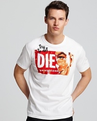 An amusing, ironic graphic adorns the front of this soft cotton tee for a dose of fun.