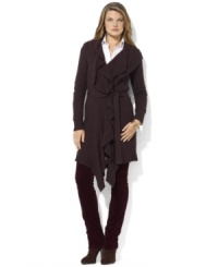 Lauren Ralph Lauren's cozy long cardigan is made ultra-feminine with ruffled trim at the placket and hemline, creating a chic layering essential.