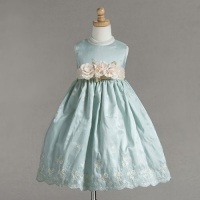 CrayonKids -CK886- Beautiful hem embroidered dress with floral waistband, Aqua Size 4t