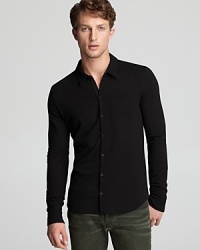 Give your shirt wardrobe a taste of nightlife with this downtown-inspired black button-down from John Varvatos USA LUXE.