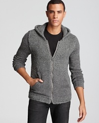 This zip hoodie sweater is full of personality and exudes casual cool style, constructed with offsetting knit panels for a stylish contrast. Wear with skinny jeans and high-tops for a top-notch downtown look.