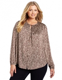 Jones New York Women's Plus-Size Pleated Round Neck Long Sleeve Blouse, Multi, 20W