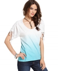 Boho style gets an artistic touch in this DKNY Jeans top, featuring ombre fabric and chic ruched sleeves.