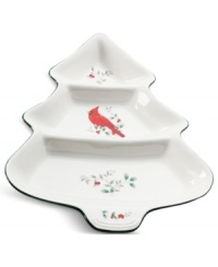 Add new whimsy to your Winterberry dinnerware collection with this divided server from Pfaltzgraff. A tree shape with classic holly detail and green banding make it a festive addition to holiday tables.