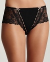 The Elle Macpherson Artistry Culotte is beautiful boy short style panty decorated with lace and ribbon details. A cute shortie cut paired with lace and ribbon accents for playful, pretty style. Sheer mesh in the front and back gives these panties a fun, peek-a-boo personality. Gorgeous lace trim dresses up the waist and sides with unique satin ribbon interwoven along the front. Cotton gusset. Style #E13-564