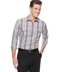 Get your sophisticated style all lined up with this standout slim-fit plaid shirt from Alfani. (Clearance)