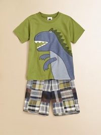 A handsome knit set with T-Rex appliqué and a pair of preppy plaid shorts, creating the ultimate boyish ensemble. Tee CrewneckShort sleevesT-Rex appliquéCottonImported of domestic fabric Shorts Elastic waistbandTwo front side pockets70% cotton/30% nylonMachine washImportedAdditional InformationKid's Apparel Size Guide 