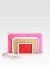 Woven colorblocked straw in a slim zip-around bag, finished with rich leather trim.Zip-around closureOne inside zip pocketFour credit card slotsCotton lining11W X 6¾H X 1DImported