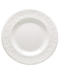 An elegant white-on-white dinnerware pattern featuring an embossed vine motif and interior glaze, the Opal Innocence Carved collection of dinnerware and dishes gets your table set for refined dining every day.