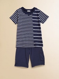 A soft v-neck with a plethora of contrasting stripes meets a pair of cool shorts with side pocket.V-neckShort sleevesPullover styleElastic waistSide pocket39% supima cotton/39% micro modal/22% polyesterMachine washMade in USA