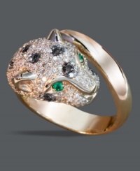 Set your inner wild child free. Signature by Effy Collection's daring panther ring features a dramatically-sparkling design with round-cut white diamonds (1-1/6 ct. t.w.), black diamonds (1/5 ct. t.w.) and glowing emerald accents for eyes. Crafted in 14k rose gold.