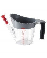 Eliminate the fat from gravy and with this ingenious fat separator. Pour your gravy into the separator and watch the fat rise to the top while lean gravy settles to the bottom. Includes its own strainer to catch unwanted bits and stopper which keeps fat out of the spout. Shield prevents gravy from spilling. Measurement marking for recipe use. Four cup capacity.