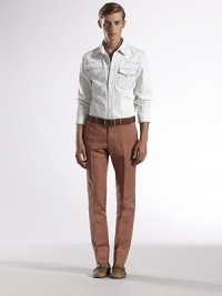 Terracotta cotton linen gabardine skinny pant.Slash pockets7 leg opening60% cotton/40% linenDry cleanMade in Italy