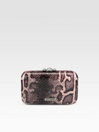 A versatile snake-printed acrylic miniaudière will add some exotic style to your look, topped off with an edgy clasp. Chain shoulder strap, 23½ dropTop clasp closureOne inside open pocketCotton lining7½W X 4¼H X 1½DImported