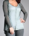 Three Dots Women's Sheer Tencel Stripe Long-Sleeve Double Layer Cardigan, Silver Sage/ Charcoal, Large