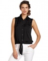 Vince Camuto Women's Sleeveless Satin Button Front Tie Waist Shirt, Rich Black, Medium