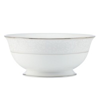 Delicate vines unfurl on soft pewter in the aptly named Sheer Grace serving bowl from Lenox. Lustrous white porcelain and bands of sparkling platinum ground the look in understated splendor.