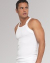 Square cut signature tank in soft, lightweight pima cotton microfiber. Ribbed with solid trim Machine wash Imported