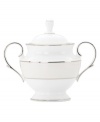 Modern yet timeless, this fine china sugar bowl is sure to satisfy the style-hungry host. From Lenox dinnerware, the dishes from the Opal Innocence Stripe collection are simply dressed in cream and white stripes and finished with a polished platinum trim, creating an ultra-chic setting to enjoy celebratory meals.