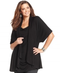 Land two styles for one great price with Cha Cha Vente's layered look plus size top, featuring a draped cardigan and scoopneck inset.