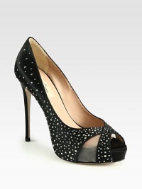 Glittery Swarovski crystals decorate this satin peep toe pump, with semi-sheer mesh inserts and a hidden platform. Self-covered heel, 4¾ (120mm)Hidden platform, 1 (25mm)Compares to a 3¾ heel (95mm)Swarovski-encrusted satin upper with mesh insertsPeep toeLeather lining and solePadded insoleMade in Italy