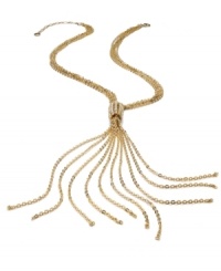 Whip your style into shape. Swishing chains in a lariat design pair with a crystal-accented station clasp to create a sleek look on this Alfani necklace. Set in 12k gold-plated mixed metal. Approximate length: 25 inches + 3-inch extender. Approximate drop: 7-1/2 inches.