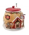 The North Pole's Cookie Exchange has a sweet cookie jar design accented by holiday greens and reds, garland and candy cane stripes, plus a darling gingerbread man on guard at the door.