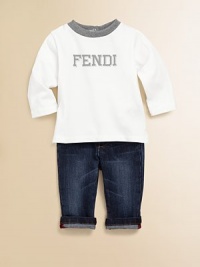 A smart pair for stylish tots, with Fendi logo details at the front and back pockets.Front buttonRear elasticized waistband with belt loopsFive-pocket styleTurned cuffs65% cotton/35% elastaneMachine washMade in Italy of imported fabric