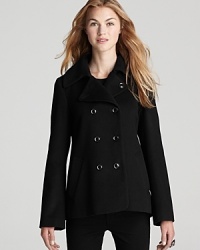 An Aqua double-breasted pea coat with back pleat makes an uptown-chic addition to your winter wardrobe.