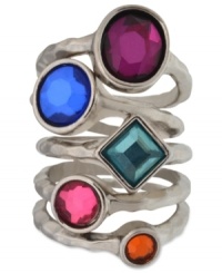 Stack up endless color. This set of 5 rings from GUESS are adorned with colorful glass accents in varying shapes. Crafted in silver tone mixed metal. Approximate diameter: 1/2 inch.