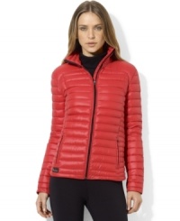 Turn cold-weather days into cozy days with Lauren Ralph Lauren's sporty lightweight down-filled jacket, styled with a protective mockneck.