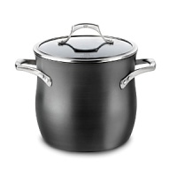 This Calphalon stock pot with lid boasts the revolutionary Unison Slide Nonstick surface which releases foods effortlessly, making even the most demanding culinary creations simple to prepare. A heavy-gauge bottom provides even heating and prevents sauces from scorching, while the high sides and narrow opening control evaporation. Handles stay comfortably cool on the stovetop.