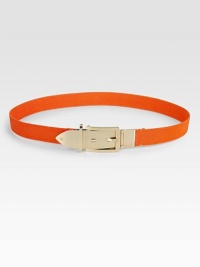 Be bold and whimsical with this elastic style accented with a shiny metal buckle and tip. Width, about 1Made in Italy